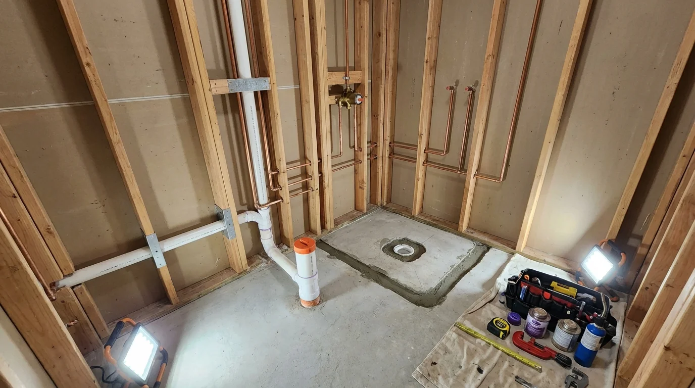 Bathroom rough-in plumbing during remodel by Johns Plumbing LLC in Little Chute