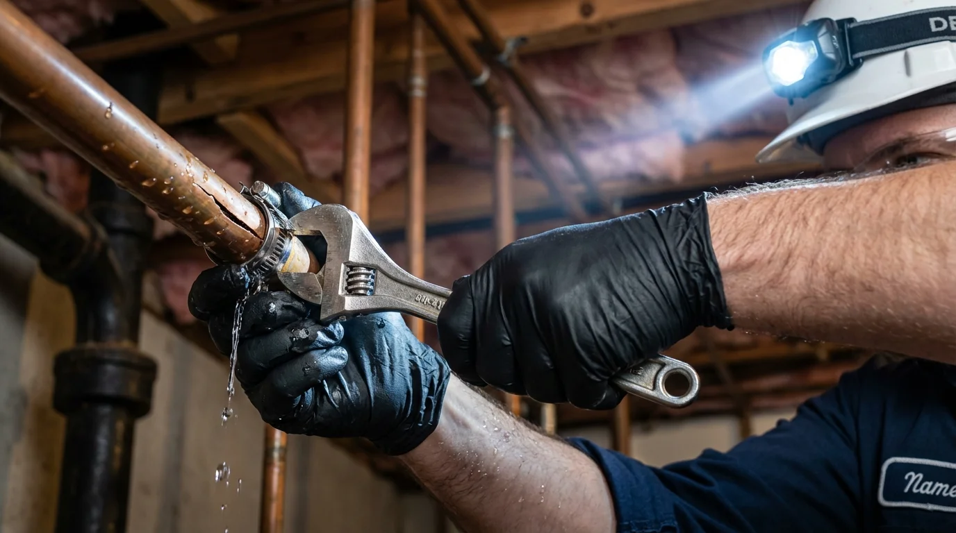 Emergency pipe clamp repair being performed by a Johns Plumbing LLC plumber in Little Chute