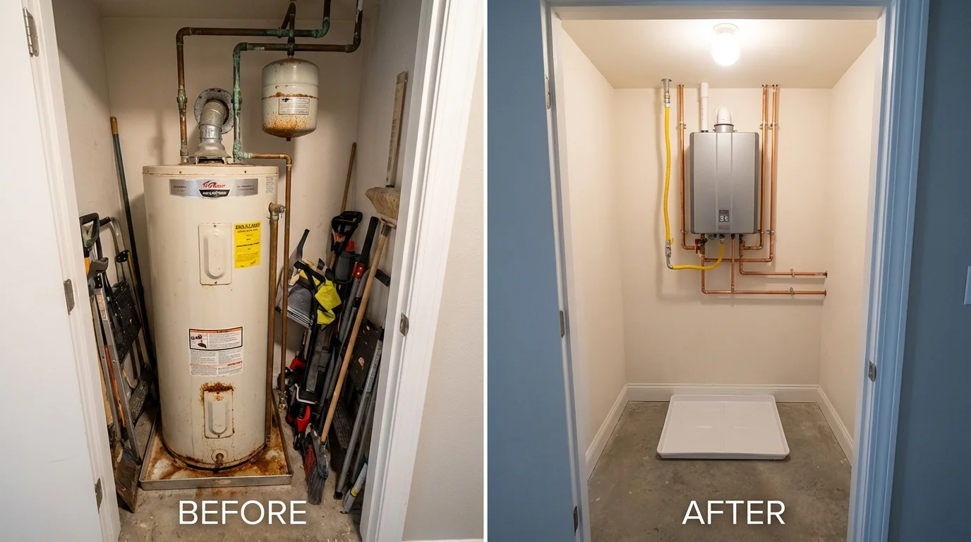 Tank water heater versus wall-mounted tankless unit comparison for Little Chute, WI homeowners