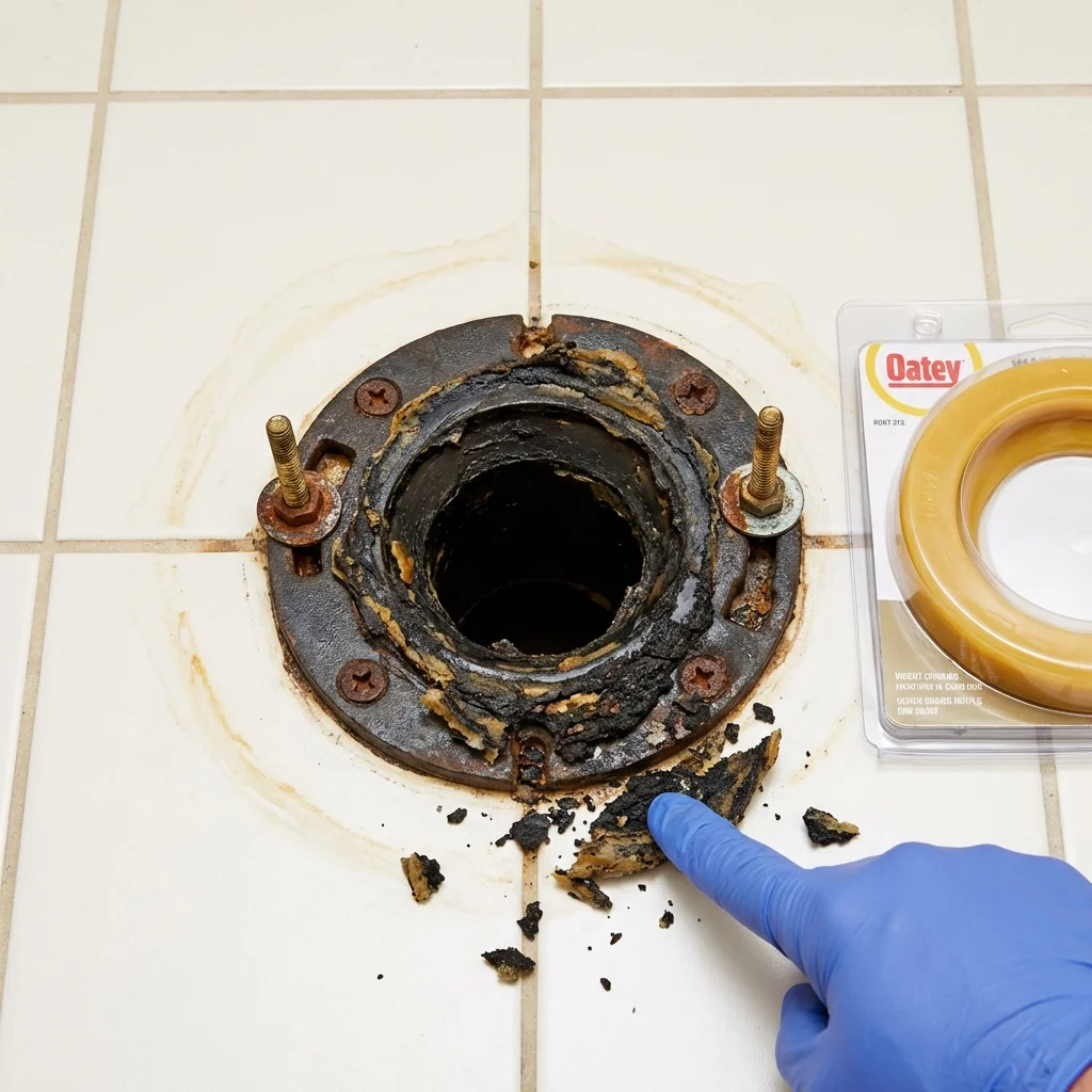 Failed wax ring showing water seepage at the base of a toilet in a Little Chute, WI home
