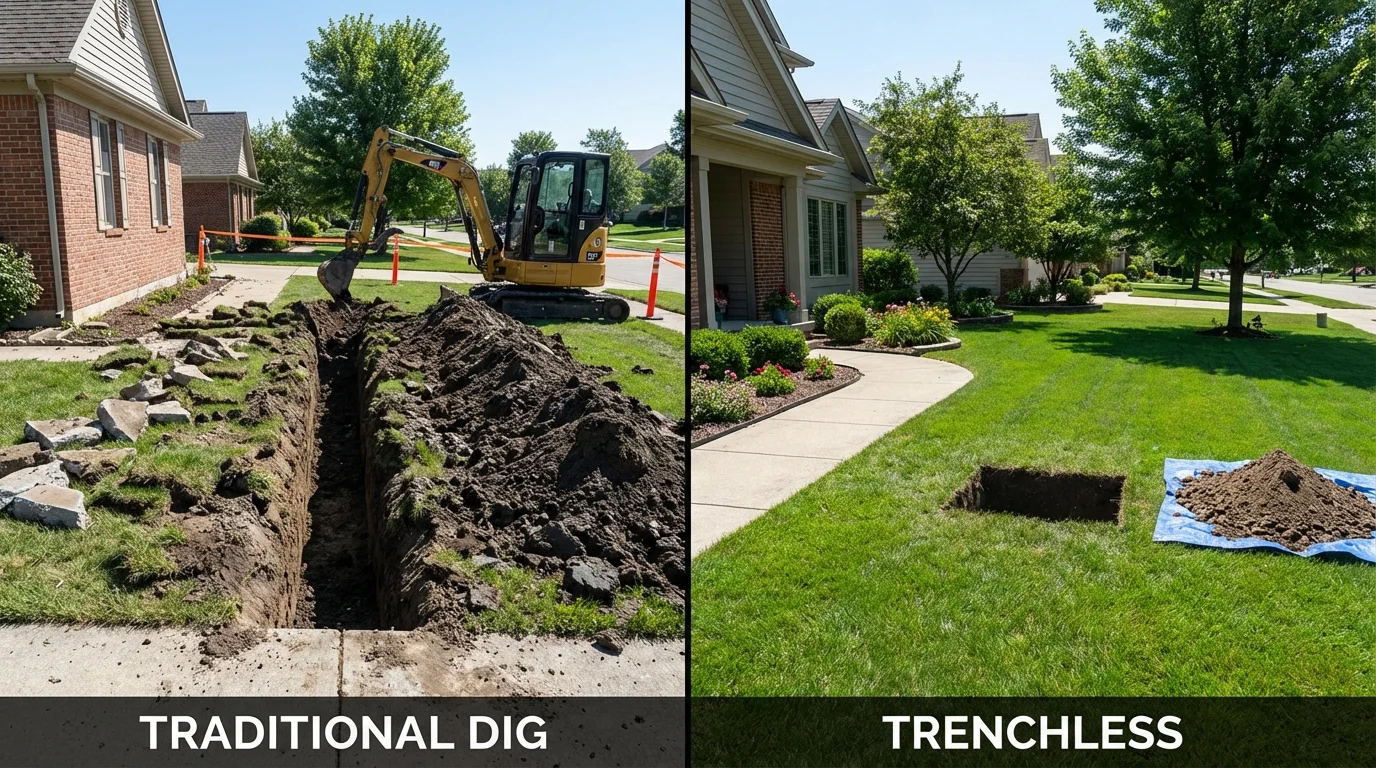 Trenchless sewer repair with minimal yard damage versus traditional excavation in Little Chute, WI