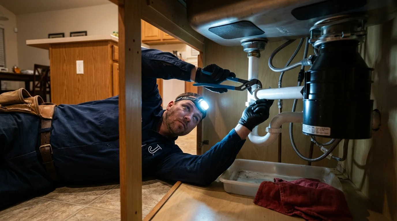 P-trap and supply line connections under a kitchen sink showing a common leak point in Little Chute, WI